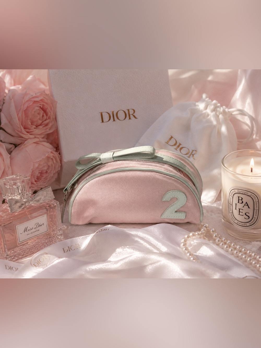 Christian Dior Pink/White Nylon #2 Trousse with Patent Bow Detail